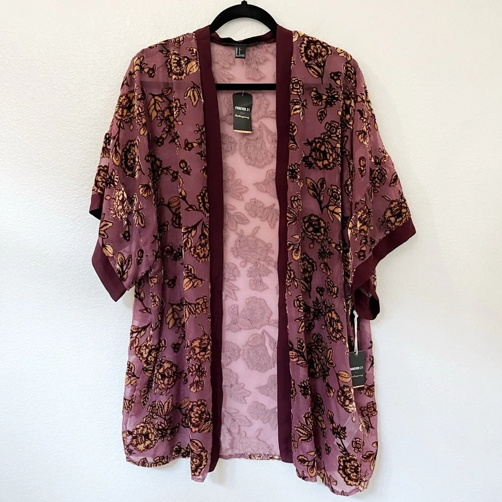 NWT - Sheer Floral Velvet and Chiffon Kimono | Wine, Gold | Women’s Small